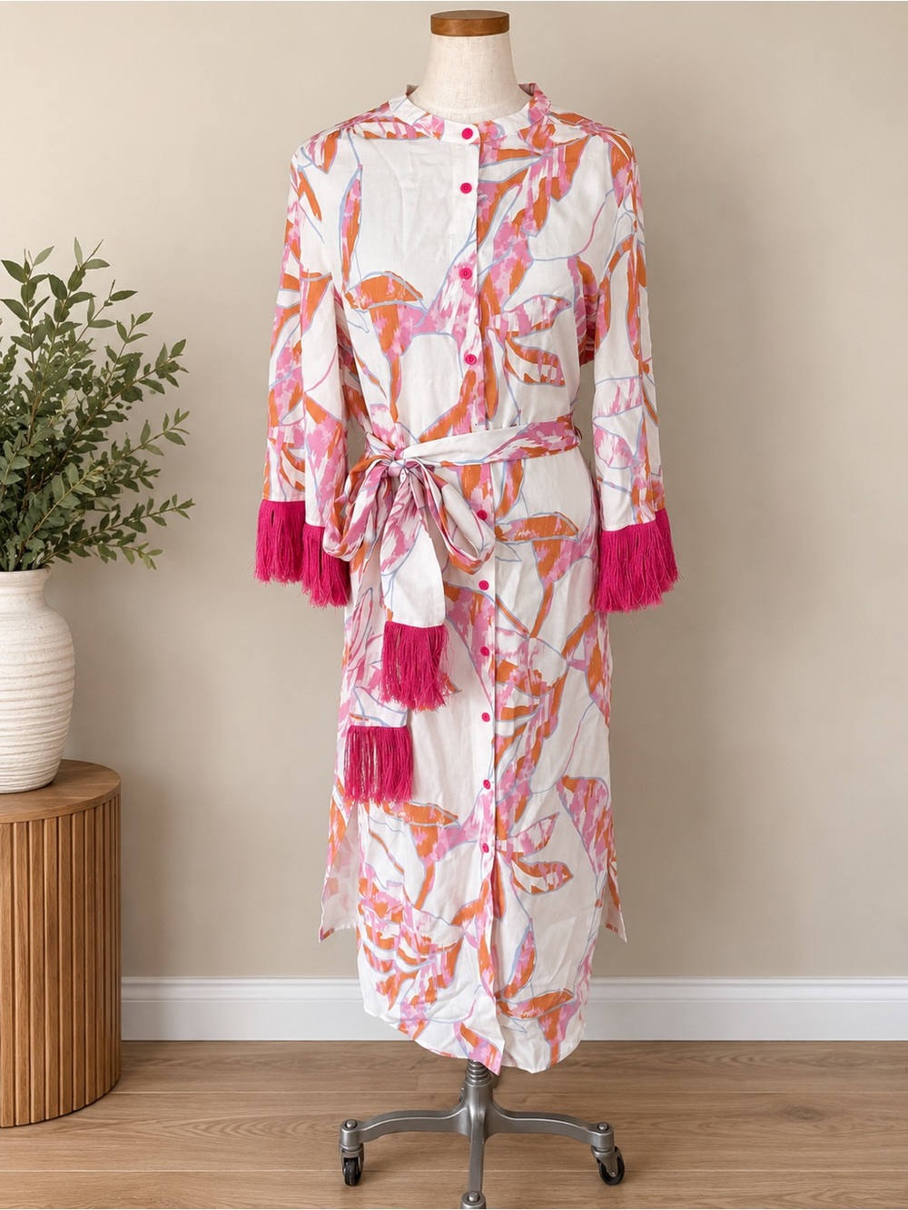 Motf viscose blend bell sleeve dress with tie belt fringe sleeve size M